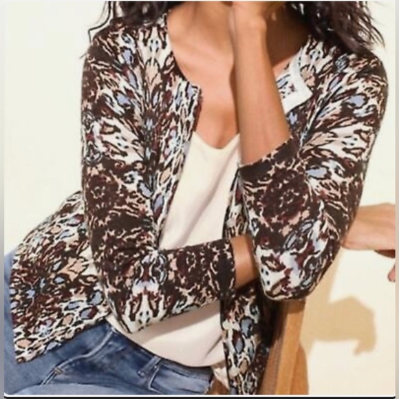 Garnet Hill Brown and Blue 100% Merino Wool Cardigan - Picture 1 of 5